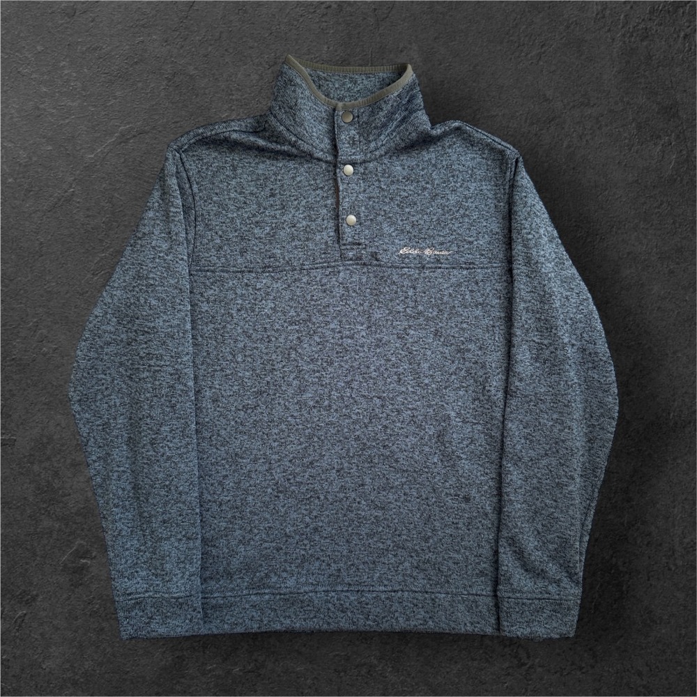 Eddie Bauer‎ Sweater Mock Neck Mens L Blue Marled Fleece Quarter Snap Pullover